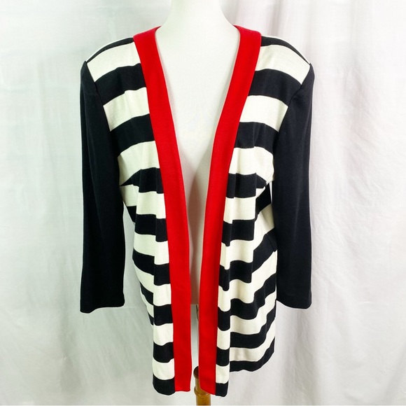 Vintage 80s Bold Black & White Stripe Open Front Cardigan Sweater Red Trim XL - Picture 1 of 4